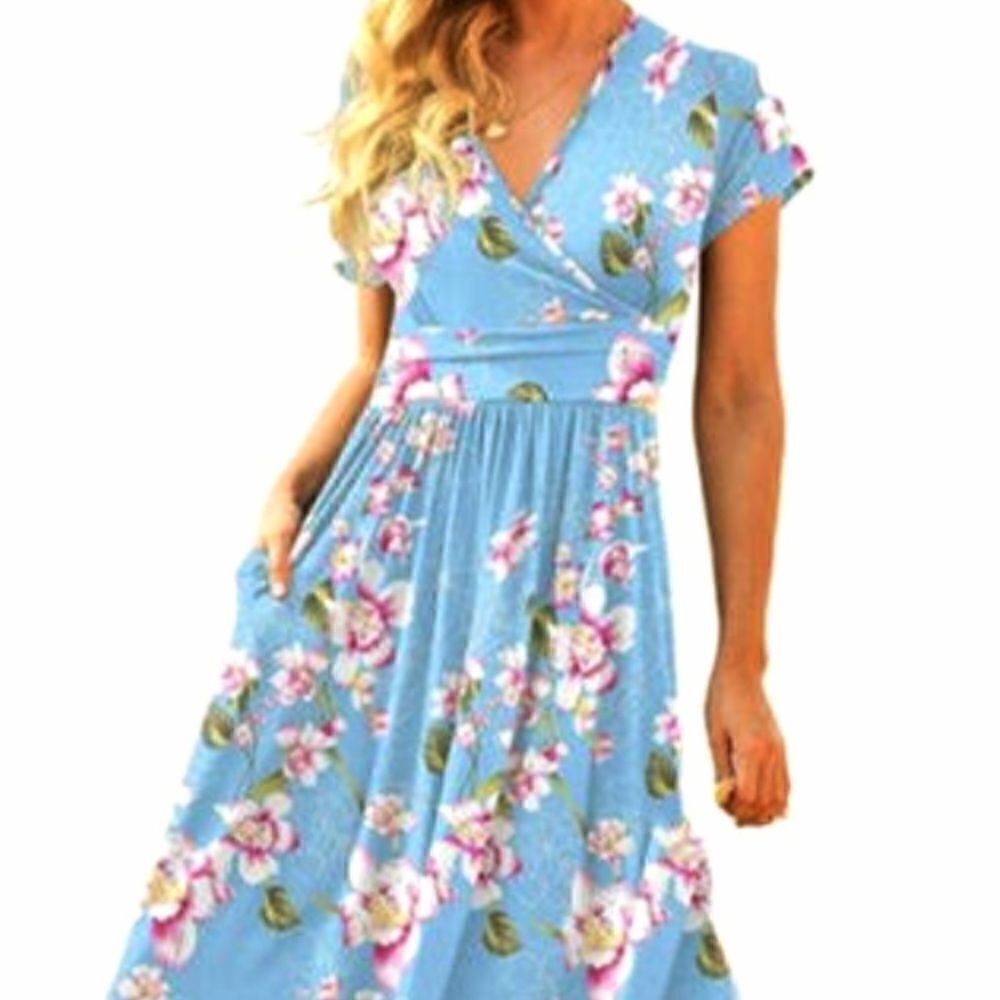 DB MOON Women Casual Short Sleeve Dresses Empire Waist Dress Pockets NWT Large - Picture 1 of 14